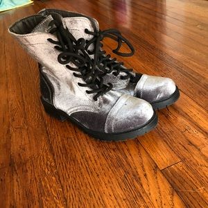 Gray velvet like combat boots